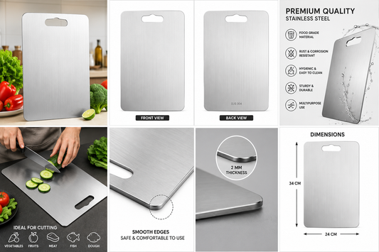 Premium Stainless Steel Chopping Board | Double-Sided Anti-Slip Cutting Board for Kitchen | Rust-Resistant, Hygienic & Easy to Clean