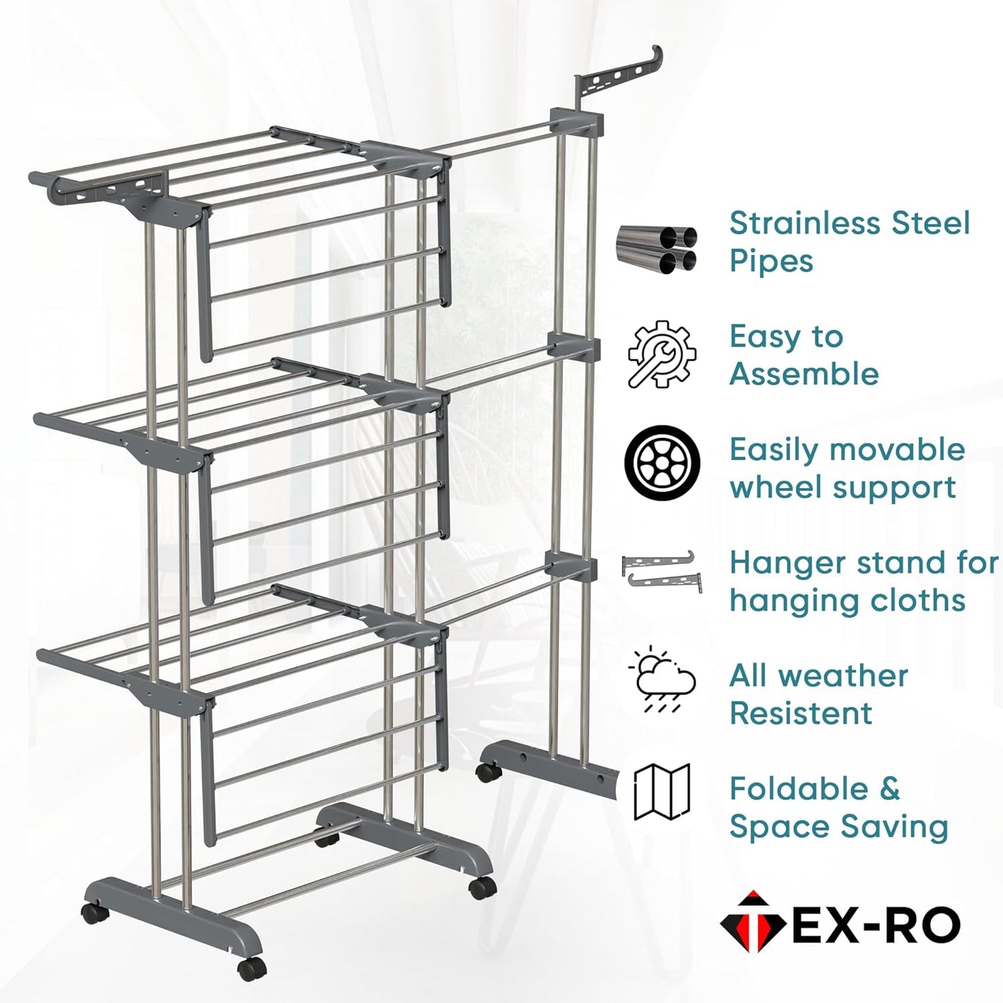 Expandable Clothes Drying Stand | Foldable Stainless Steel Laundry Drying Rack | Space-Saving Indoor & Outdoor Clothes Dryer