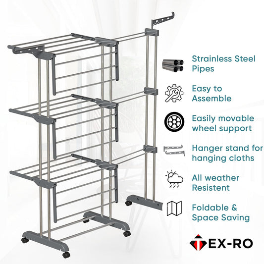 Expandable Clothes Drying Stand | Foldable Stainless Steel Laundry Drying Rack | Space-Saving Indoor & Outdoor Clothes Dryer
