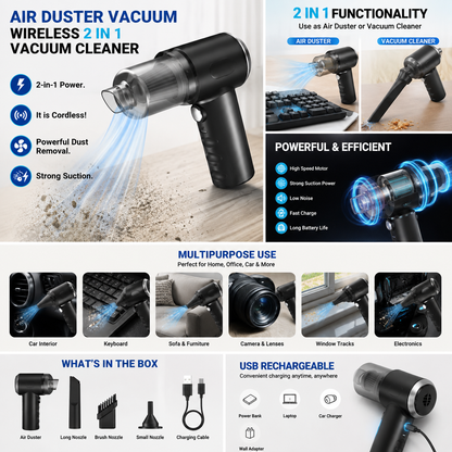 2-in-1 Cordless Vacuum & Air Duster – Rechargeable Mini Cleaner